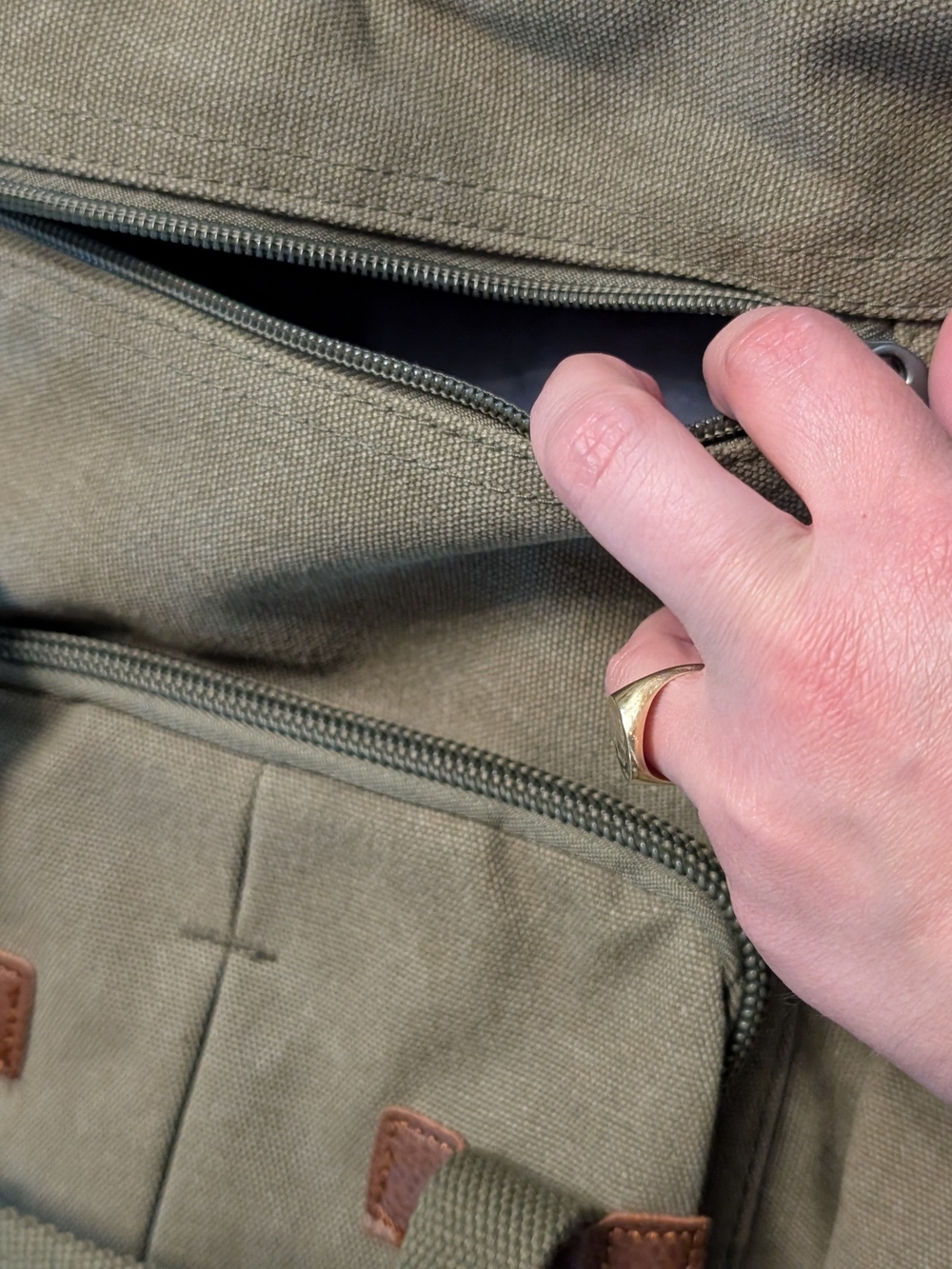 Canvas Travel Backpack in Khaki with Leather Accents - Picture 8 of 13